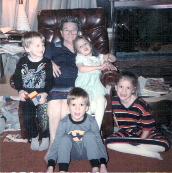 casey (onleft) grandma, gavin(batman jammiz) my sister myra on floor and me on grandma