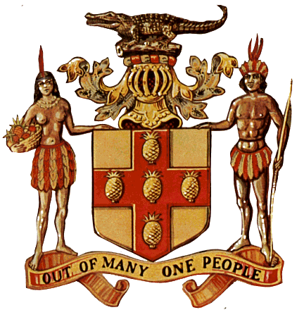 The Jamaican national motto is �Out of Many One People�, based on the population�s multi-racial roots. The motto is represented on the Coat of Arms, showing a male and female member of the Taino tribe standing on either side of a shield which bears a red cross with five golden pineapples. The crest shows a Jamaican crocodile mounted on the Royal Helmet of the British Monarchy and mantling.