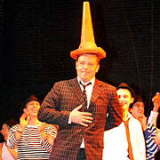 Suggs with a traffic cone on his head