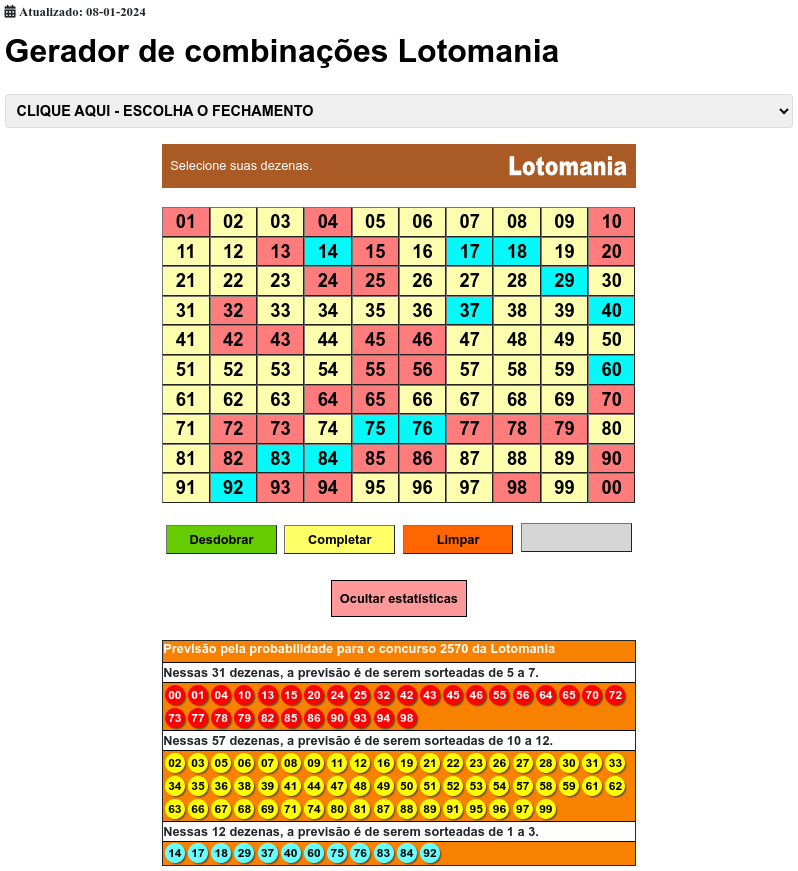Gerador de combinações para Lotomania