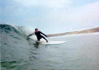 Louie rides longboard at Perranporth, 5 June 2004