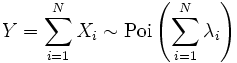 Y = \sum_{i=1}^N X_i \sim \mathrm{Poi}\left(\sum_{i=1}^N \lambda_i\right)\,