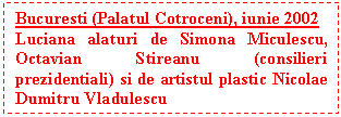 Text Box: Bucuresti (Palatul Cotroceni), iunie 2002 
Luciana alaturi de Simona Miculescu, Octavian Stireanu (consilieri prezidentiali) si de artistul plastic Nicolae Dumitru Vladulescu
