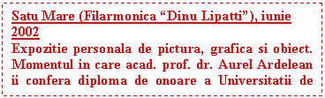 Text Box: Satu Mare (Filarmonica �Dinu Lipatti�), iunie 2002
Expozitie personala de pictura, grafica si obiect. Momentul in care acad. prof. dr. Aurel Ardelean ii confera diploma de onoare a Universitatii de Vest �Vasile Goldis� din Arad
