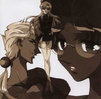 OST 3 Cover. Akio and Anthy, siblings of supreme creepiness, with Utena caught in the middle. Pity her.