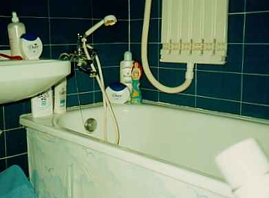What I hate about Europe:  lack of shower curtains, so you have to kneel down