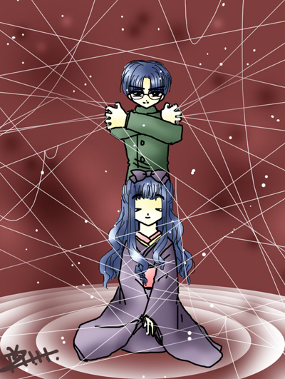 Piggy Ho Ho is such a good artist.... This pic is of Eriol and Tomoyo.. Eriol's using his evil string heh.. webb... he's making sure Tomoyo stays with him... Evil.. :P