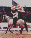 Lynn Gallup rides Pasiflora Sin Par carrying the USA flag in the early 1980's