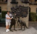 Marty clowns with the Roo statue