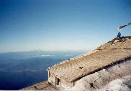 Mt. Hood in background, shack in foreground