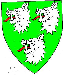Vert, three boar's heads erased argent