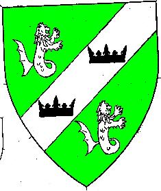 Vert, on a bend sinister between two sea-lions argent two crowns sable