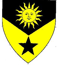 Per chevron inverted sable and Or, a sun in its splendor and a mullet counterchanged