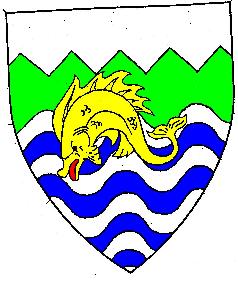Per fess wavy vert and barry wavy argent and azure, a dolphin naiant Or and a chief indented argent