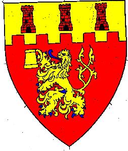 Gules, a lion rampant queue forche maintaining a tankard and on a chief Or three towers gules