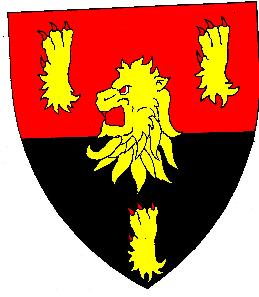 Per fess gules and sable, a lion's head erased Or armed and orbed gules between three lion's jambes erased Or armed gules