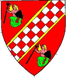 Gules, a bend sinister checky argent and gules fimbriated Or between two mermaids proper crined Or maintaining a trident and a spear sable
