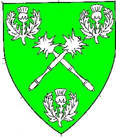 Vert, two spiked maces in saltire between three thistles argent