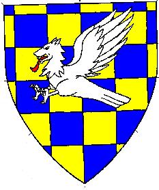 Checky azure and Or, a wolf's head conjoined to a raven's body striking argent
