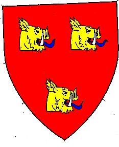 Gules, three boar's heads couped close contourney Or
