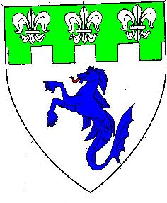Argent, a hippocampus azure and on a chief vert three fleurs-de-lys argent