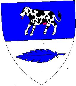 Per fess azure and argent, a cow argent pied sable and a feather fesswise azure