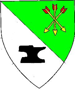 Per bend vert and argent, a sheaf of arrows Or and an anvil sable