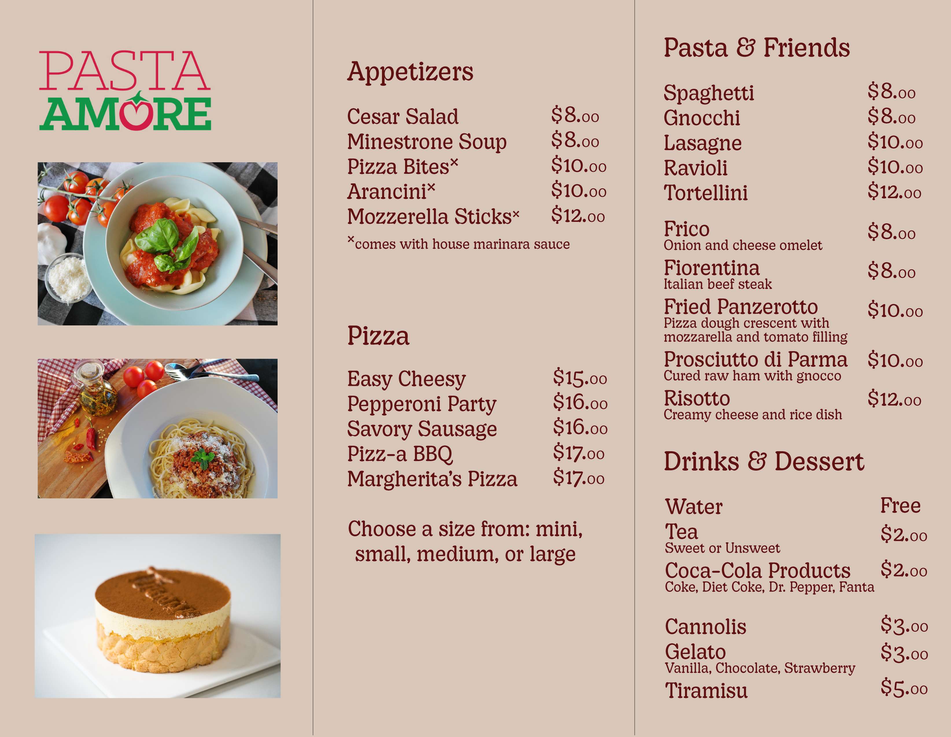 Pasta Amore brochure, inside design