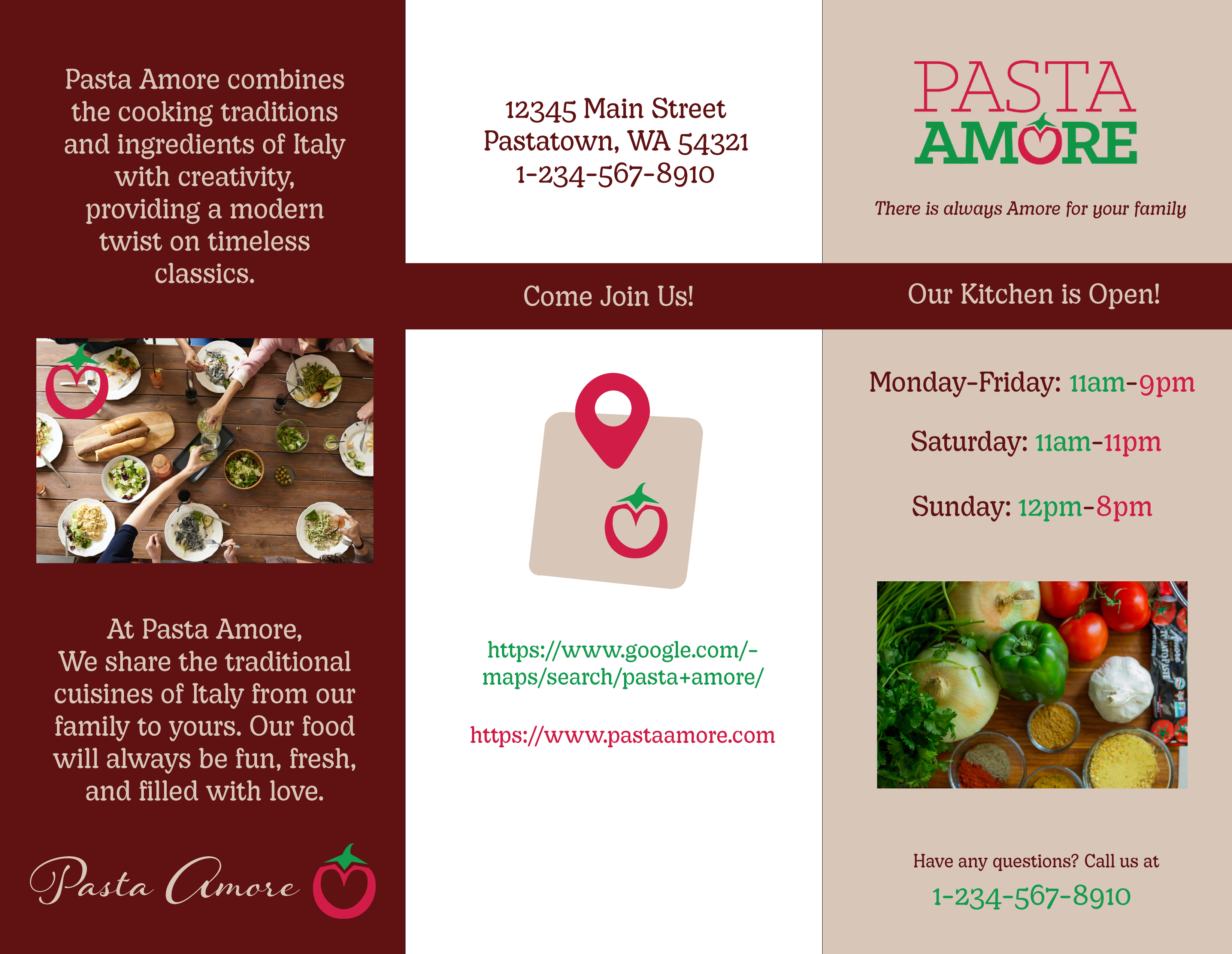 Pasta Amore brochure, outside design