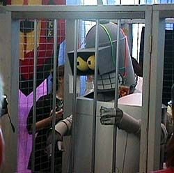 This hopeless geek in a Bender costume was arrested by other geeks dressed in Klingon costumes