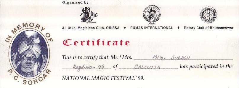 Certificate from National Magic Festival '99