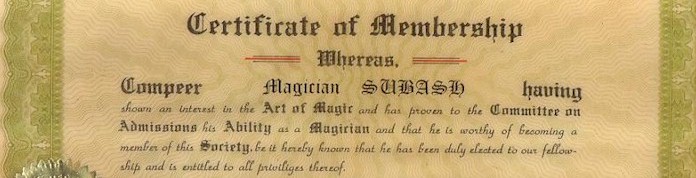 Certificate from the Society of American Magician