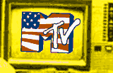 US Flag-themed MTV logo on TV screen (screen taken from Bob & David photo)