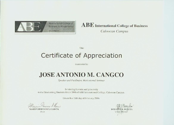 Certificate of Appreciation given by the ABE International College of Business, Caloocan Campus