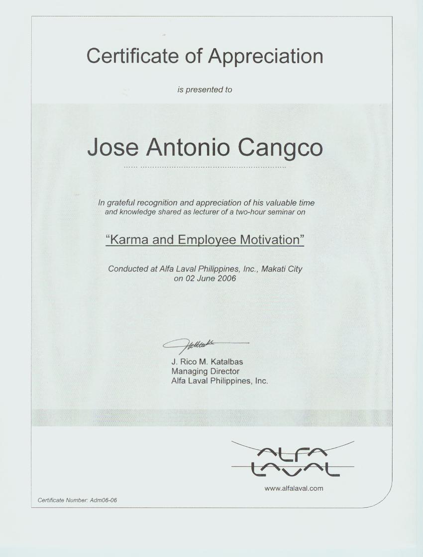 Certificate of Appreciation given by Alfa Laval Philippines, Inc., Makati City