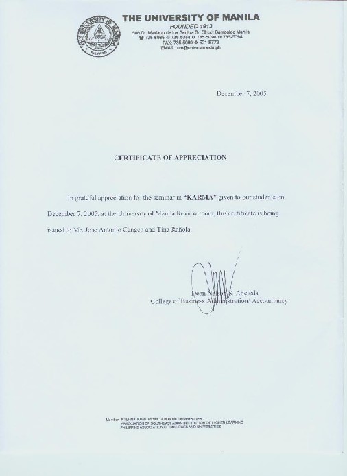 Certificate of Appreciation given by the University of Manila, Sampaloc Manila