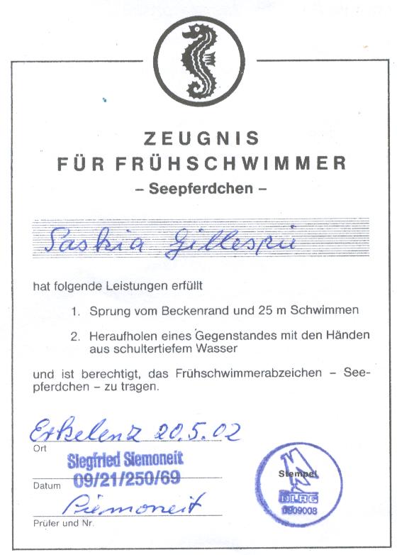 swimming certificate