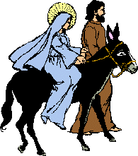 Joseph with Mary riding donkey