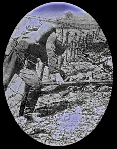 Hanging on the Old Barbed Wire - dead Russian soldier on the Eastern Front, WW1