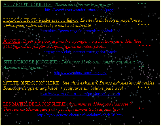 Zone de Texte: ALL ABOUT JUGGLING :  Toutes les infos sur le jonglage ?		* * *
http://www.everwonder.com/david/juggle

DIABOLO.FR.ST- jongler avec un diabolo: Le site du diabolo par excellence !
Techniques, vid�o, conseils, � chat � et actualit�	        			* * * *
http://http://www.mygale.org/cyberlab/diabolo/

JONGLE : Super site pour apprendre � jongler : explications ultra d�taill�es	
1001 figures de jonglerie : infos, figures anim�es, photos			 * * * *
http://perso.club-internet.fr/mogador/jongle

SITE D�ERIC LE JONGLEUR : Des mines d�info pour jongler autrement ?
Annuaire des figures�							 * *
http://www.chez.com/jonglage/

MULTILOISIRS, JONGLERIE : Site ultra exhaustif. D�mos ludiques et conviviales
Beaucoup de gifs et de photos  + sculptures sur ballons, p�te � sel 	* * * *
http://www.multiloisirs.com/jonglerie/index.htm

LES MATHS DE LA JONGLERIE : Comment se d�veloppe l�adresse ? 
Th�ories math�matiques pour ceux qui aiment tout rationnaliser		 * *
http://hypo.geneve.ch/www/math/html/node36.html
