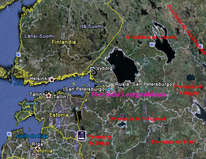 Situaci&oacute;n de la ciudad de San Petersburgo y provincia Leningr&aacute;dskaya en el mapa de Tierra-Google