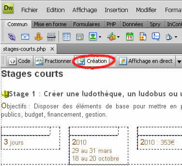 Dreamweaver Mode cr&eacute;ation