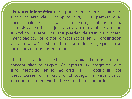 Proceso alternativo: Un virus inform�tico tiene por objeto alterar el normal funcionamiento de la computadora, sin el permiso o el conocimiento del usuario. Los virus, habitualmente, reemplazan archivos ejecutables por otros infectados con el c�digo de este. Los virus pueden destruir, de manera intencionada, los datos almacenados en un ordenador, aunque tambi�n existen otros m�s inofensivos, que solo se caracterizan por ser molestos.
El funcionamiento de un virus inform�tico es conceptualmente simple. Se ejecuta un programa que est� infectado, en la mayor�a de las ocasiones, por desconocimiento del usuario. El c�digo del virus queda alojado en la memoria RAM de la computadora, aun cuando el programa que lo conten�a haya terminado de ejecutarse. El virus toma entonces el control de los servicios b�sicos del sistema operativo. 
, aun cuando el programa que lo conten�a haya terminado de ejecutarse. El virus toma entonces el control de los servicios b�sicos del sistema operativo. 

