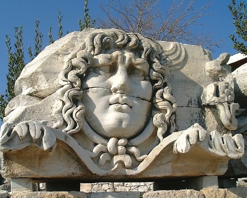 The famous carving of Medussa, a somewhat worried look on her face...