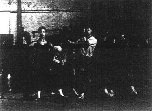 a very bad scan of Carol, middle in the white top, leading the dancers of 'Flower Drum Song' a week before rehersals begun for the production