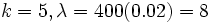 \!k = 5,  \lambda = 400(0.02) = 8