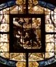 Stained glass window with Nativity scene.