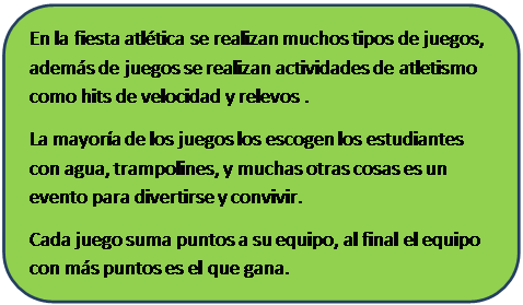 Rect�ngulo redondeado: En la fiesta atl�tica se realizan muchos tipos de juegos, adem�s de juegos se realizan actividades de atletismo como hits de velocidad y relevos .
La mayor�a de los juegos los escogen los estudiantes con agua, trampolines, y muchas otras cosas es un evento para divertirse y convivir.
Cada juego suma puntos a su equipo, al final el equipo con m�s puntos es el que gana.

