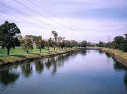Maribyrnong River looking downstream from Afton Street footbridge, Riverside Park Essendon