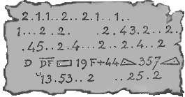 drawing of an outline of paper with writing and
drawing on it--numbers, dots, some letters, signs and symbols